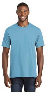 Guy wearing a blue short sleeved Fan Favorite Tee shirt