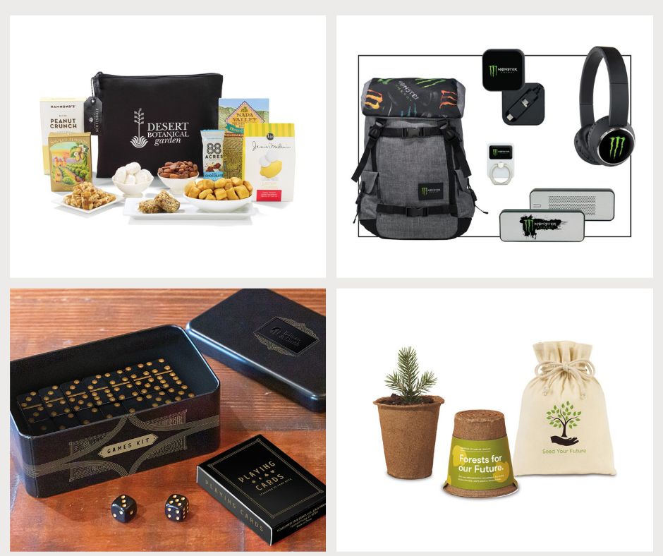 Custom branded snack kit, branded employee welcome kit, branded eco-friendly kit, custom games kit