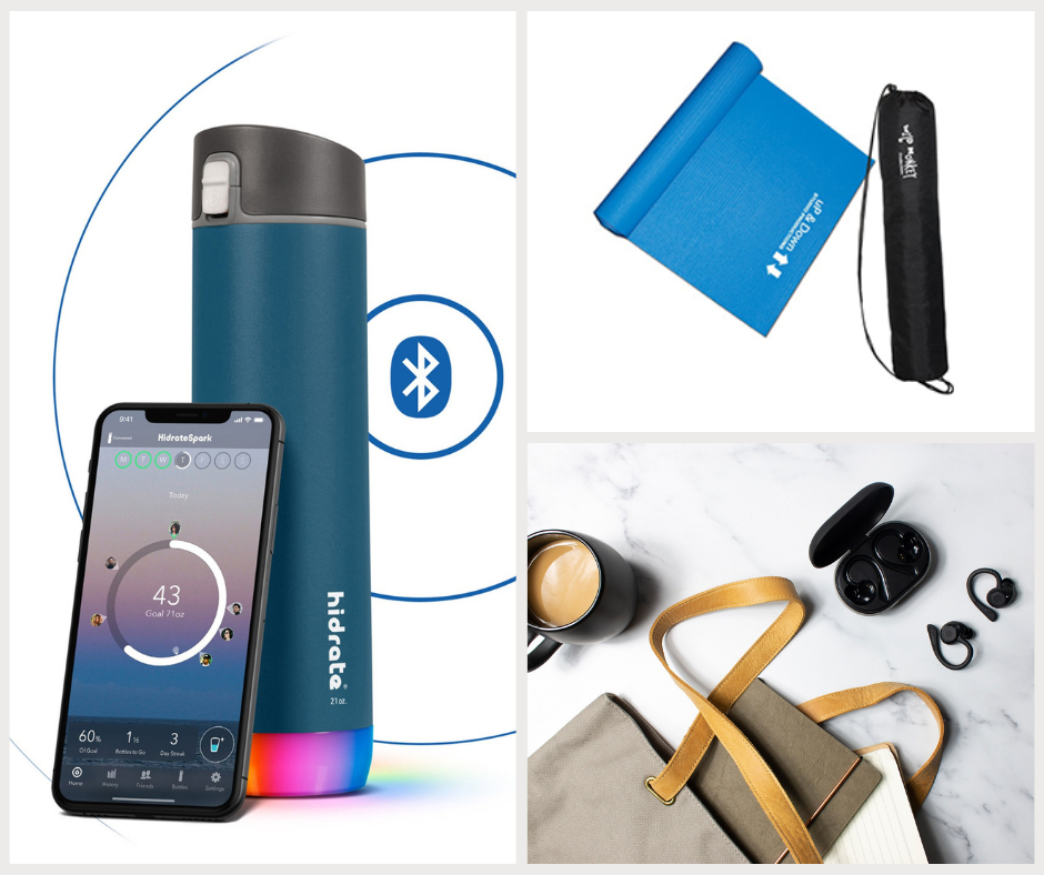 Bluetooth water bottle, branded yoga mat and bag, custom branded ear buds